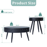 Modern Farmhouse Round End Table Set of 2,Iron Rattan Coffee Table with Hidden Storage Basket,29.1” Nesting Side Table for Living Room,Balcony,Patio,Swimming Pool (Black) FurSch