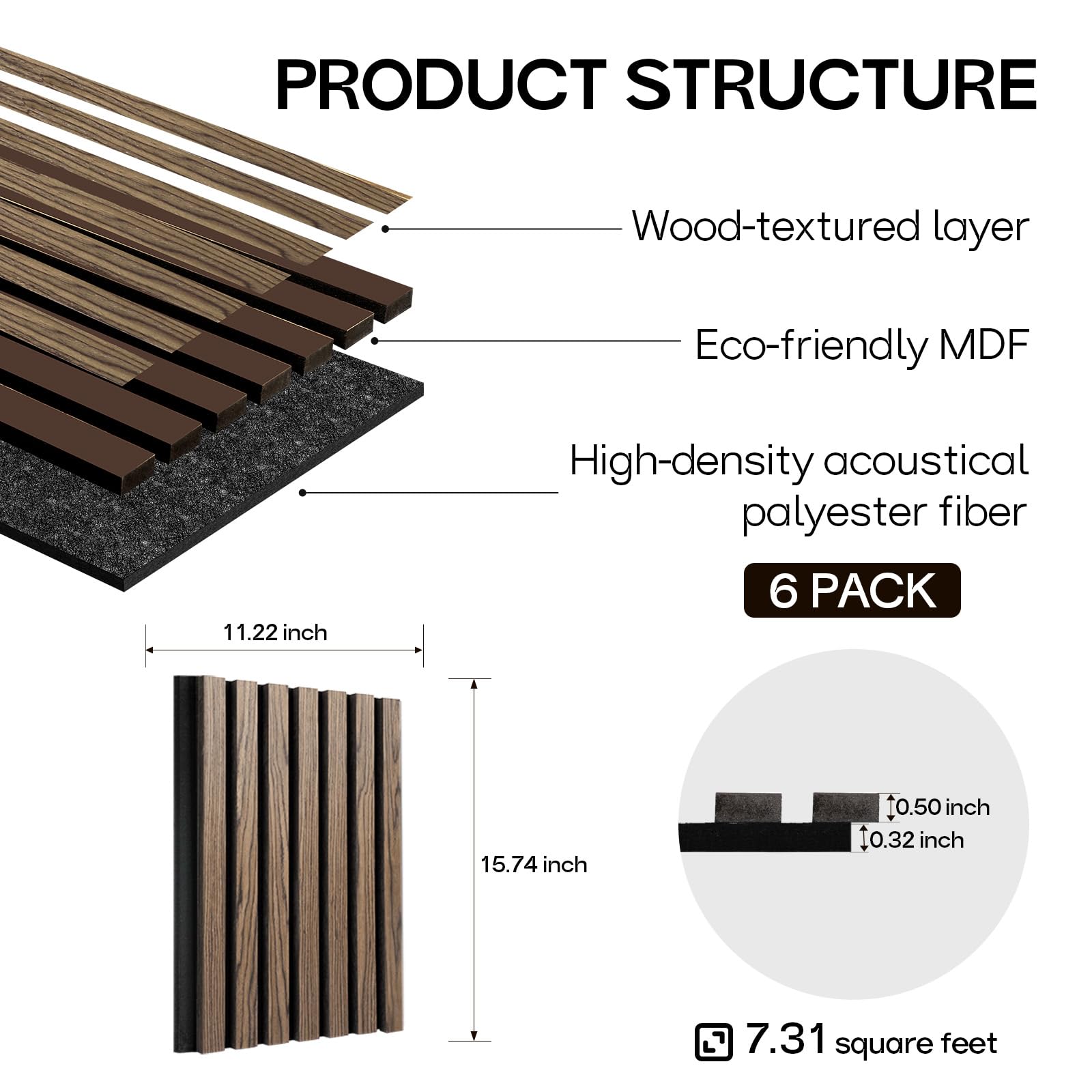 Wood Slat Wall Panel - 6 Pcs Soundproof Wood Panels for Wall and Ceiling 15.74“x11.22” Wood Wall Panels 3D Noise Sound Dampening Panels Wall Decoration - Walnut - WoodArtSupply