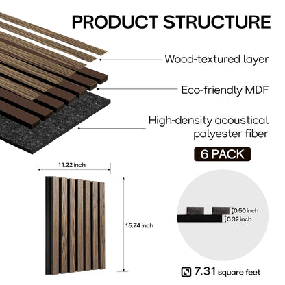 Wood Slat Wall Panel - 6 Pcs Soundproof Wood Panels for Wall and Ceiling 15.74“x11.22” Wood Wall Panels 3D Noise Sound Dampening Panels Wall Decoration - Walnut - WoodArtSupply