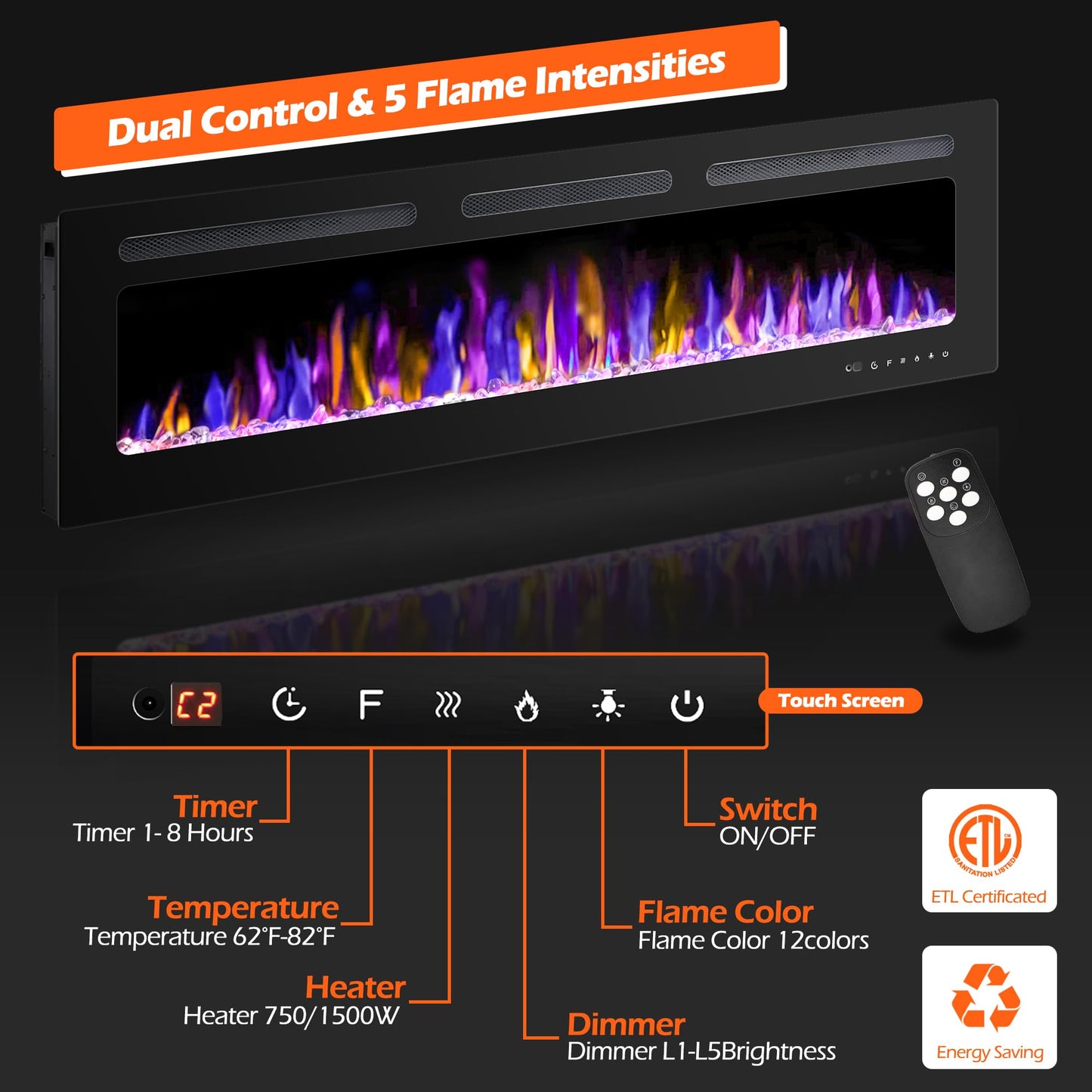 BETELNUT 60" Electric Fireplace Wall Mounted and Recessed with Remote Control, 750/1500W Ultra-Thin Wall Fireplace Heater W/Timer Adjustable Flame Color and Brightness, Log Set & Crystal Options