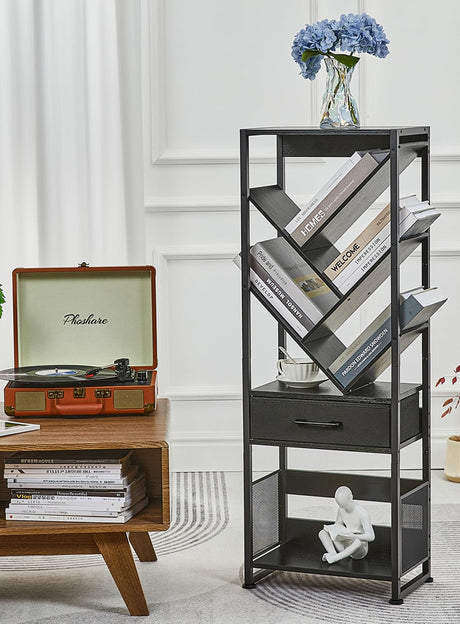 ZEXVIDA Bookshelf with Drawer,8 Tier Tree Bookcase Retro Floor Standing Bookshelves,Tall Wood Bookcases with Cabinet Storage Organizer for Living Room, Bedroom & Home Office, Black ZEXVIDA