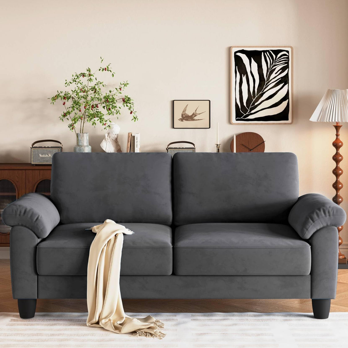 70" Sofa Living Room Couch, Velvet Deep Couches for Small Spaces, Mid Century Modern Loveseat with Storage Bag, Bedroom, Apartment, Office, Removable Sofa Cover Spring Cushions, Fast Assembly, Grey Vesgantti