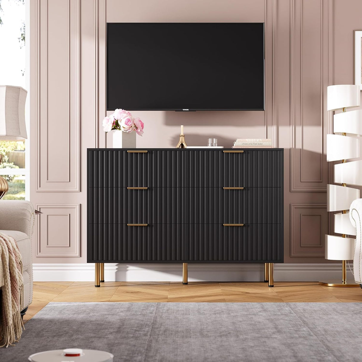 GarveeHome Fluted 6 Drawer Dresser for Bedroom, 47.2 in Wide Modern Chest of Drawers with Deep Drawers, Large Double Dresser TV Stand, Wooden Organizer for Living Room, Hallway, Kids Room, Black GarveeHome