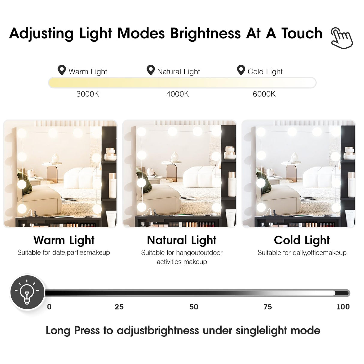 Fameill Makeup Vanity Table with Lighted Mirror & Charging Station, Black Vanity Set Vanity Desk with 3 Lighting Modes, Brightness Adjustable, 31.5in(W) Fameill