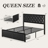 Fluest Queen Bed Frame with 2 Storage Drawers, Upholstered Headboard Button Tufted Bed Frame with Charging Station, No Box Spring Needed, Noise-Free, All Metal Structure, Black Fluest