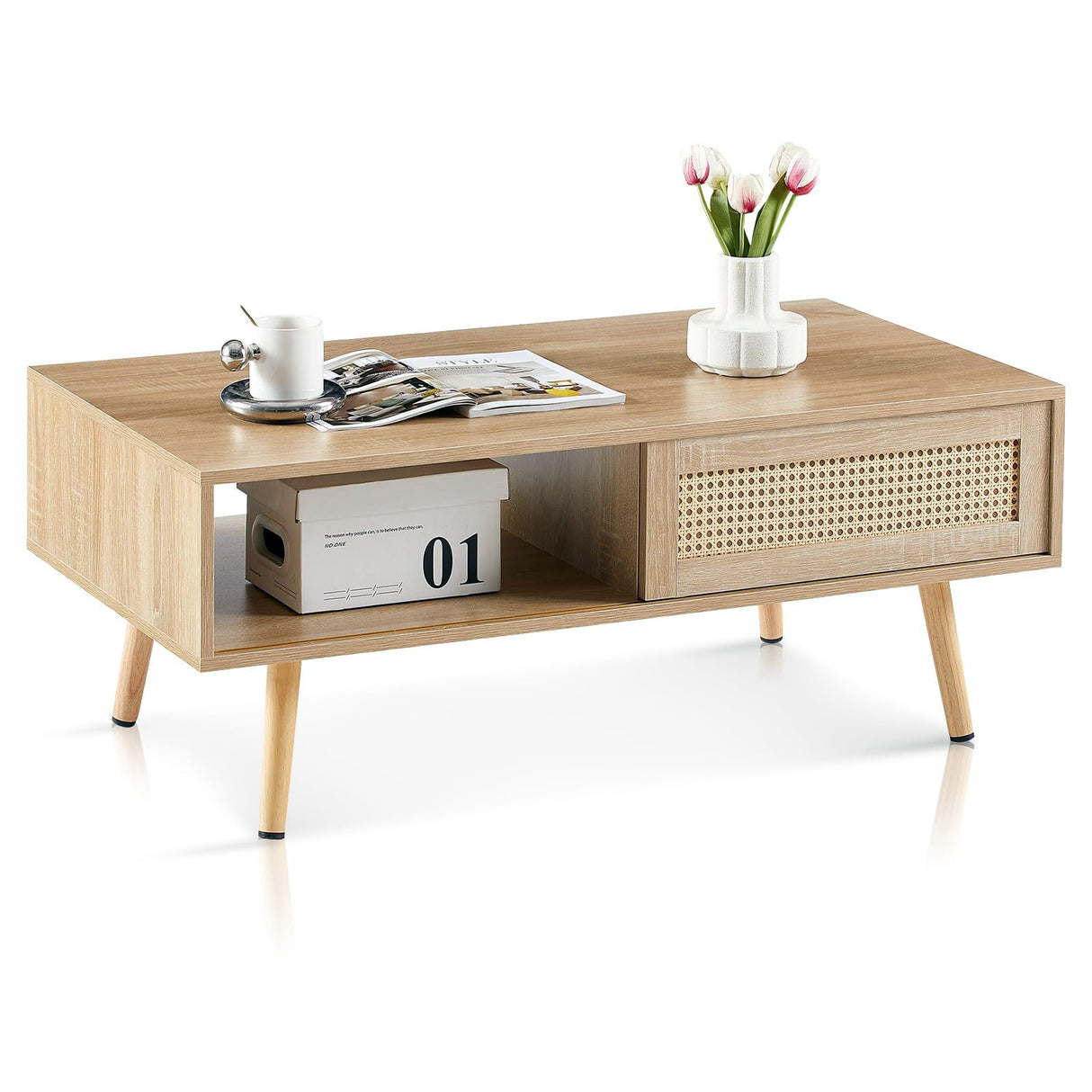 Ganooly Mid Century Modern Coffee Table with Storage, 41.3 Inch Rectangle Wooden Accent Center Tables with Sliding PE Rattan Woven Door Panel and Solid Wood Legs, Suitable for Living Room, Apartment Ganooly