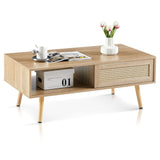 Ganooly Mid Century Modern Coffee Table with Storage, 41.3 Inch Rectangle Wooden Accent Center Tables with Sliding PE Rattan Woven Door Panel and Solid Wood Legs, Suitable for Living Room, Apartment Ganooly