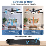Ceiling Fans with Lights and Remote/APP Control, 52" Low Profile Flush Mount Ceiling Fan with RGB Ring Light & Dimmable, 5 Reversible Curved Blades 3 CCT 6 Speeds for Bedroom Living Room Party, Black Wiviniya