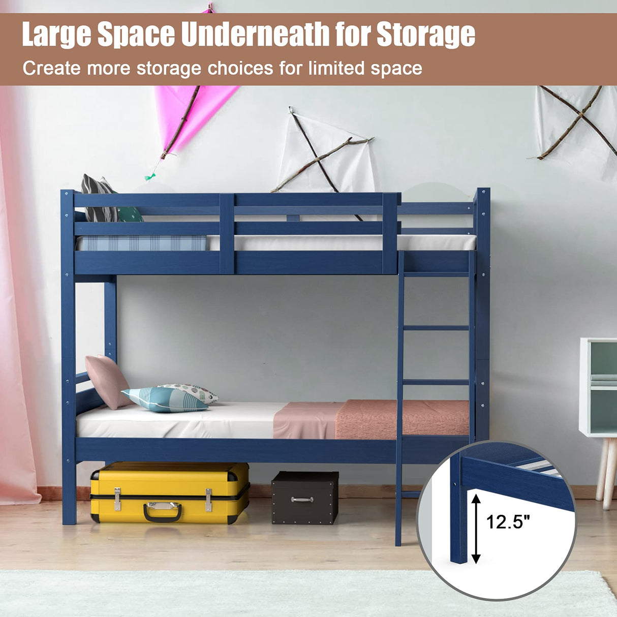 Giantex Twin Over Twin Bunk Bed, Solid Wood Twin Bunk Bed Convertible Into Two Individual Beds, Kids Twin Bunk Bed w/Ladder & Guard Rail for Boys Girls (Navy) Giantex