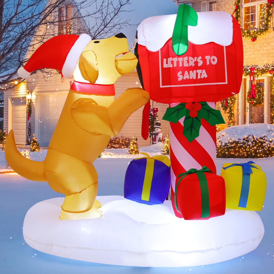 COMIN 5FT Christmas Inflatables Outdoor Decorations, Blow Up Dog and Newspaper Box Inflatable with Built-in LEDs for Christmas Indoor Outdoor Yard Lawn Garden Decorations COMIN