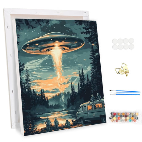 EOBROMD Framed Paint by Numbers Kits for Adults Bus in Forest, DIY UFO Acrylic Paint by Number on Stretched Canvas, Painting Kits Adults Oil Paint by Numbers for Home Decor 12x16inch EOBROMD
