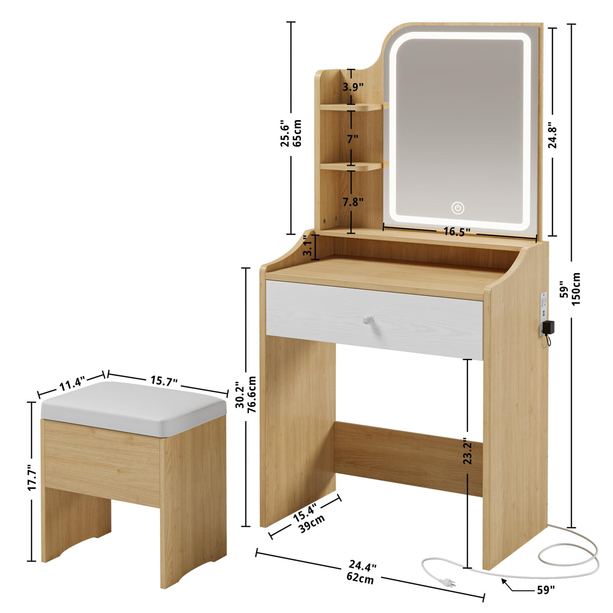 LIKIMIO Small Makeup Vanity Desk with Mirror and Lights, Vanity Table Set with Storage Drawer, Chair and Three Shelves, Bedroom, Wood LIKIMIO