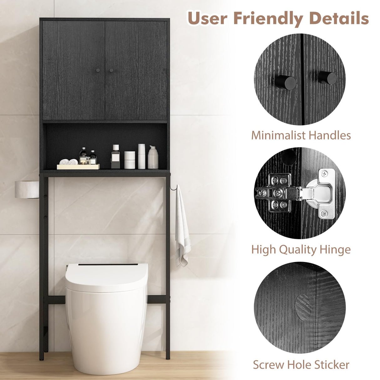 Tangkula Over The Toilet Storage Cabinet, Bathroom Space Saver with 2 Doors, Adjustable Shelf, 2 Side Hooks, Metal Stand, Freestanding Above Toilet Storage Cabinet for Restroom, Laundry (Black) Tangkula