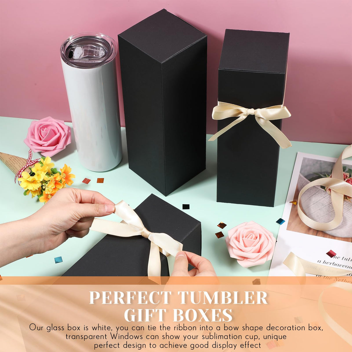 Qilery 24 Pcs Gift Boxes for Sublimation Tumblers Gift Box with Ribbon for 12oz, 20oz, 30oz Heat Press Sublimation Blanks Tumblers Skinny Tumbler Gift Boxes for Shipping Wrapping (Black) Qilery