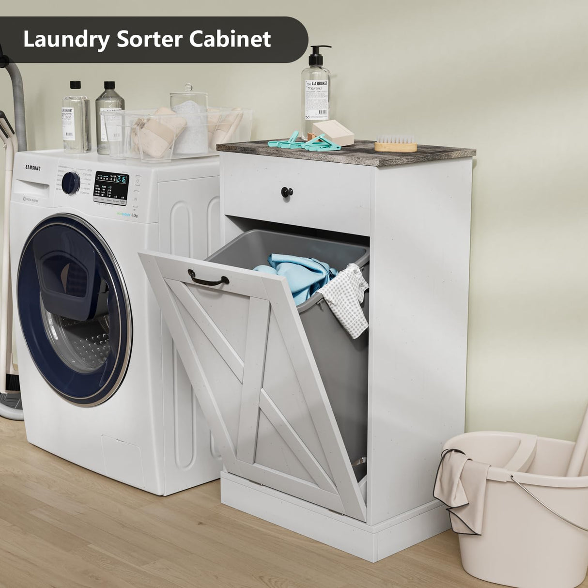 Bocarali Tilt Out Trash Cabinet, 10 Gallon Wood Free Standing Laundry Sorter Trash Can with Drawer, Kitchen Garbage Can Recycling Bin Cabinet for Living Room Bathroom, White Bocarali