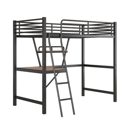 Twin Size Loft Bed with Desk and Storage Shelf, Heavy Duty Loft Bed Twin Size, Twin Loft Bed with Guardrail, Twin Loft Bed for Kids, Teens, Twin Size Loft Bed Black