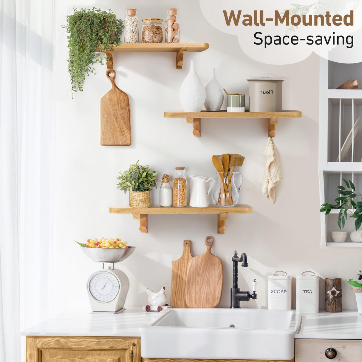 omedecal Wooden Floating Shelves for Wall, 15.7" W x 6" D x 0.6" H Large Wall Shelves, Hanging Storage Shelf with Hooks for Living Room, Kitchen, Bathroom, Bedroom Decor, Natural, 3 Packs omedecal