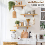 omedecal Wooden Floating Shelves for Wall, 15.7" W x 6" D x 0.6" H Large Wall Shelves, Hanging Storage Shelf with Hooks for Living Room, Kitchen, Bathroom, Bedroom Decor, Natural, 3 Packs omedecal