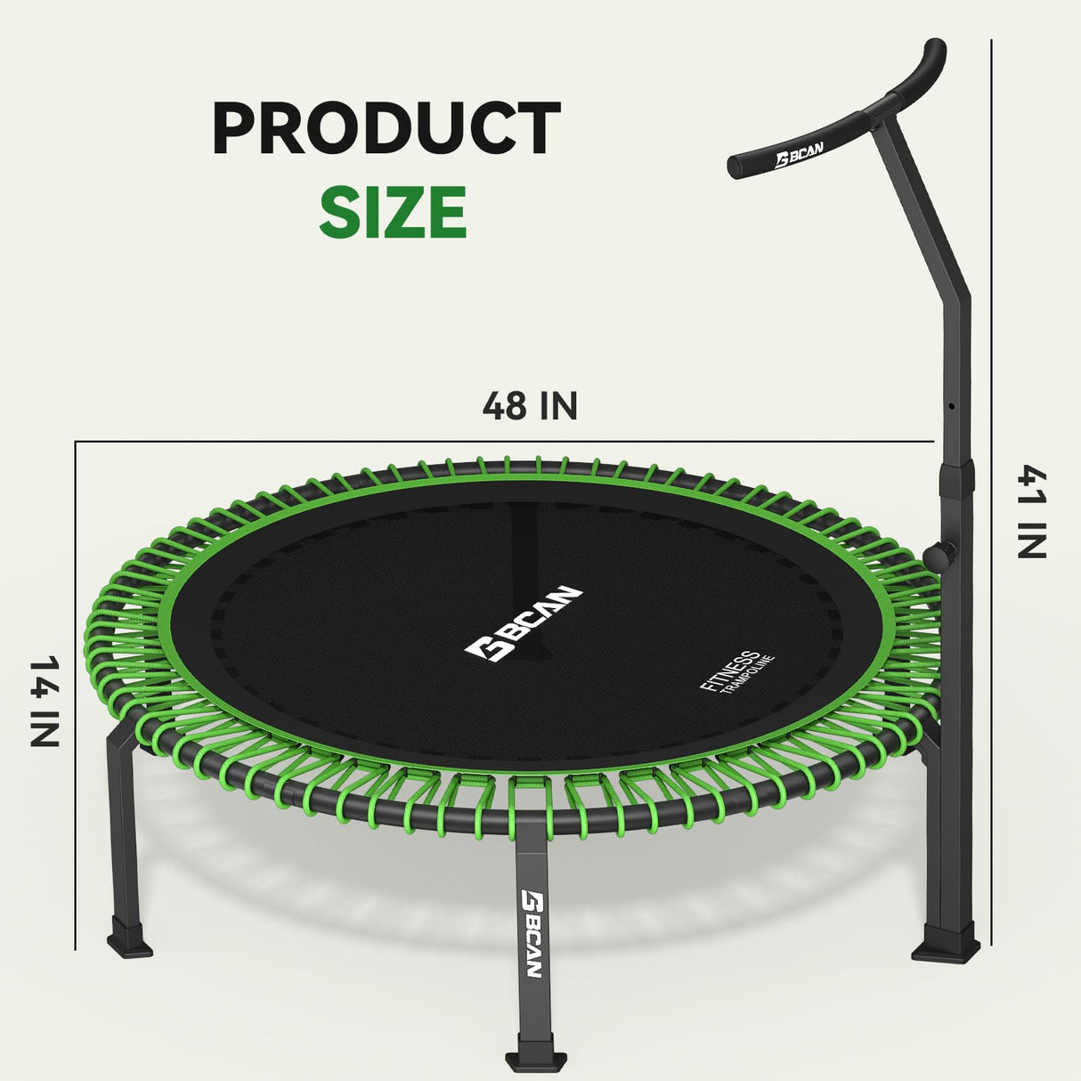 BCAN 560 LBS Soft Land Mini Trampoline, 48" Fitness Trampoline, 1 Sets of Bungees, T Shape Adjustable Foam Handle, Stable, Quiet Exercise Rebounder for Kids Adults Indoor/Garden Workout-48IN-1-GREEN BCAN