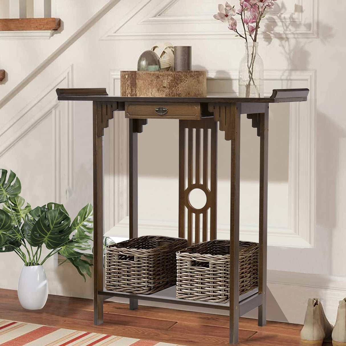 Wisfor Narrow Console Table for Entryway: 32in Brown Bamboo Hallway Table with Drawer for Living Room Bedroom, LxWxH 32x12.3x32.6in Wisfor