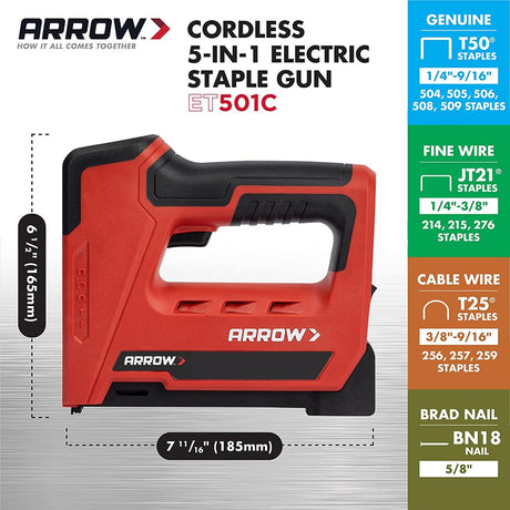 Arrow ET501C Cordless 5-In-1 Professional Staple and Nail Gun, Battery Powered Wire Stapler and Brad Nailer for Upholstery, Framing, Roofing, Crafts, Fencing, Cable, Black/Red Arrow