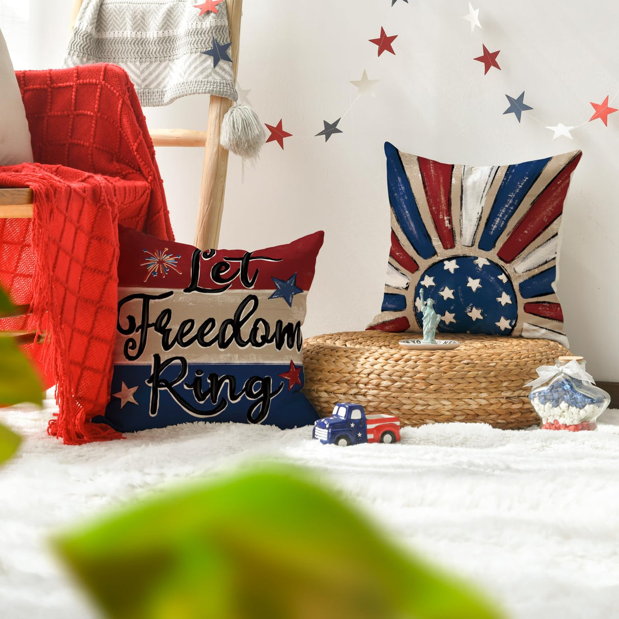 AVOIN colorlife Let Freedom Ring Stars Fireworks Red White Flower Throw Pillow Covers, 18 x 18 Inch 4th of July Patriotic Independence Memorial Day USA Flag Cushion Case for Sofa Couch Set of 4 AVOIN colorlife