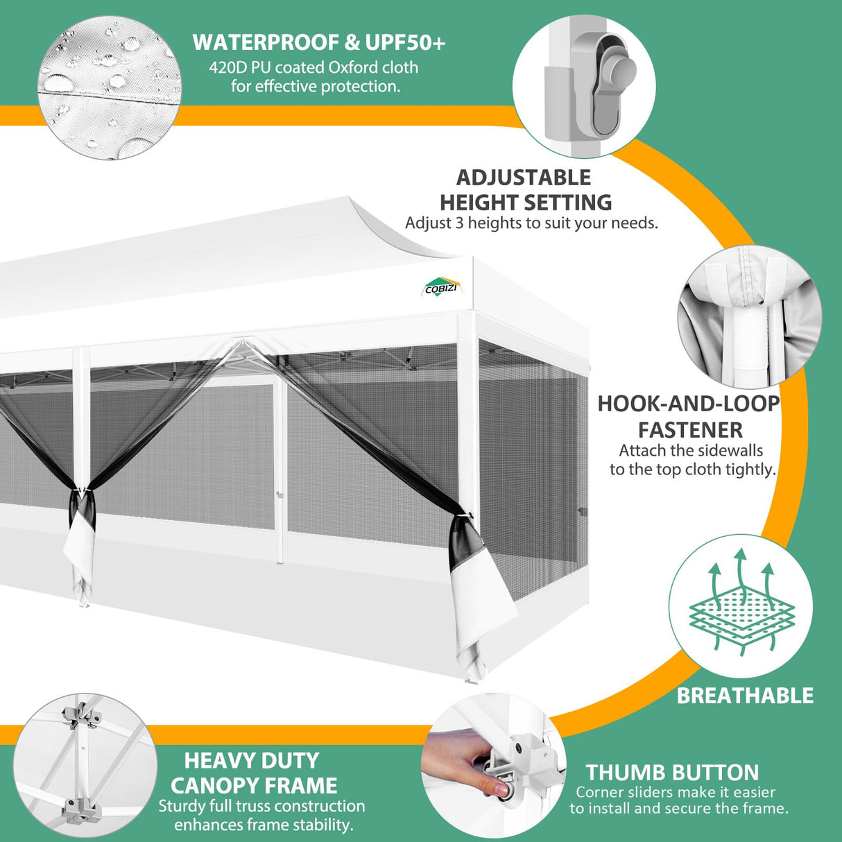 COBIZI 10x30 Pop up Canopy Tent with Sidewalls, Heavy Duty Easy Set up Outdoor Canopy with Mosquito Net Pop up Screen Tent for Parties, Screened in Canopy with Net for Backyard with Roller Bag, White COBIZI