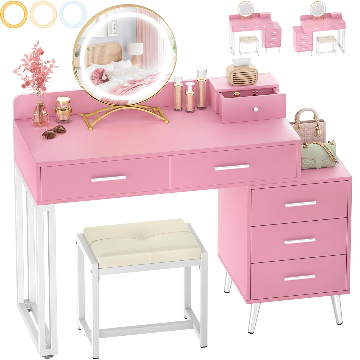 Pink Vanity Desk with Mirror and Lights, Modern Makeup Vanity Table Set with 6 Storage Drawers and Cushioned Stool for Bedroom, Dressing Table with Divided Organizers for Women Girls, Pink armocity