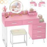 Pink Vanity Desk with Mirror and Lights, Modern Makeup Vanity Table Set with 6 Storage Drawers and Cushioned Stool for Bedroom, Dressing Table with Divided Organizers for Women Girls, Pink armocity