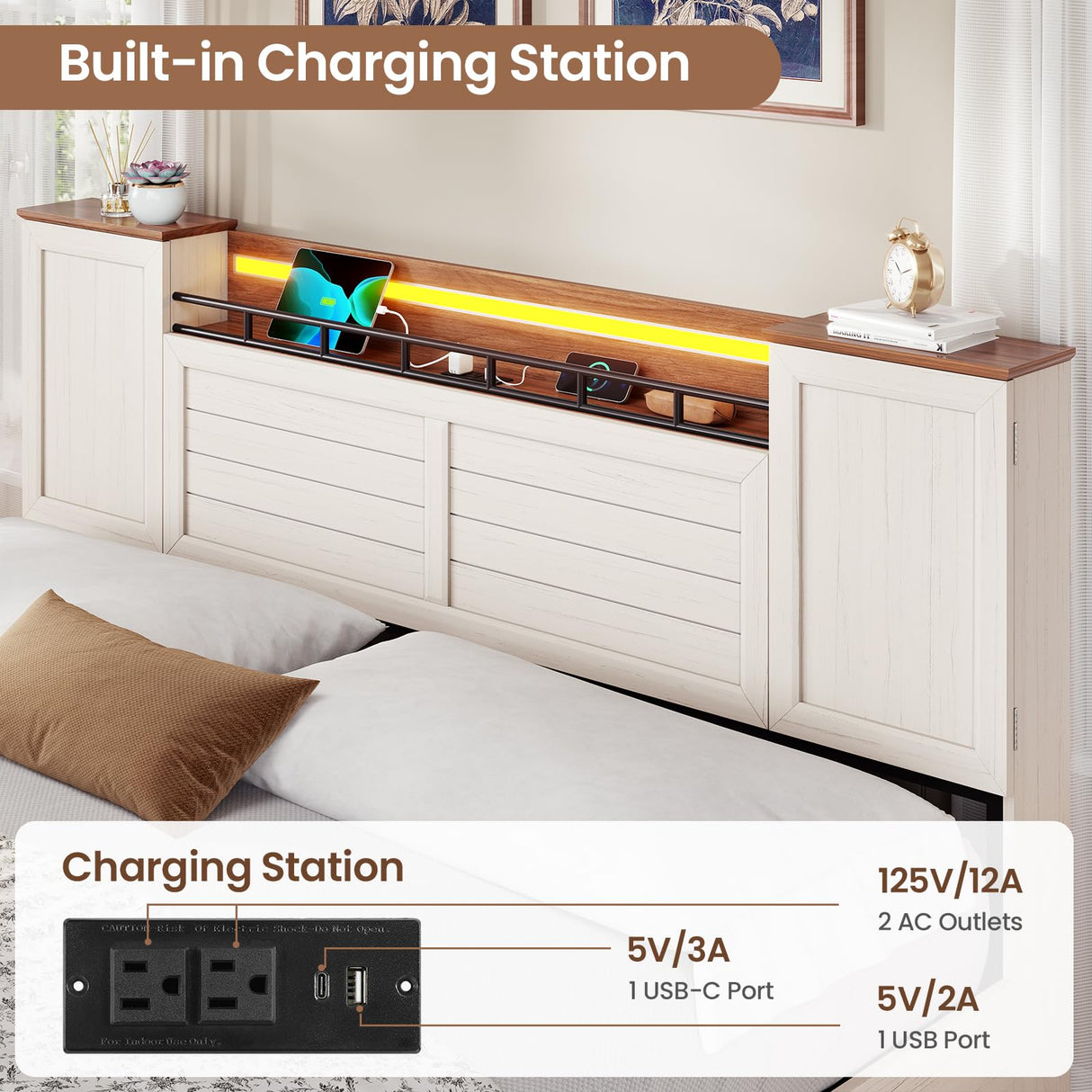 VIAGDO Farmhouse King Bed Frame with Headboard and Double Barn Door Storage Cabinets, Rustic Wooden Bed Frame King Size with Charging Station, 4 Drawers and LED Lights, No Box Spring Needed, White VIAGDO