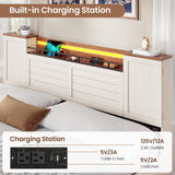 VIAGDO Farmhouse King Bed Frame with Headboard and Double Barn Door Storage Cabinets, Rustic Wooden Bed Frame King Size with Charging Station, 4 Drawers and LED Lights, No Box Spring Needed, White VIAGDO