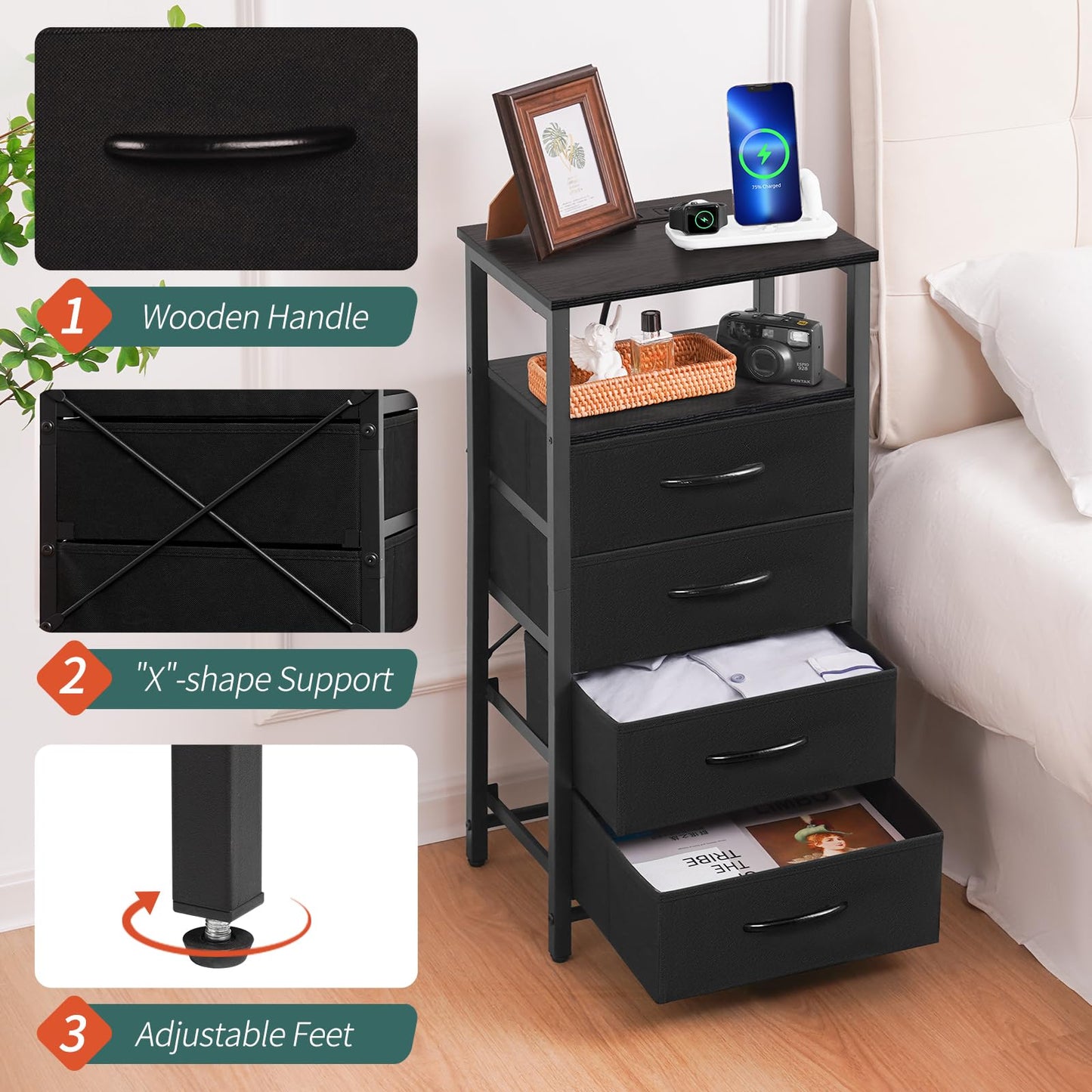 Yoobure Night Stand - Small Dresser for Bedroom, LED Black Nightstand with Charging Station, Bedside Table with 4 Fabric Drawers and Open Shelf, Vertical Dressers with USB Ports and Outlets