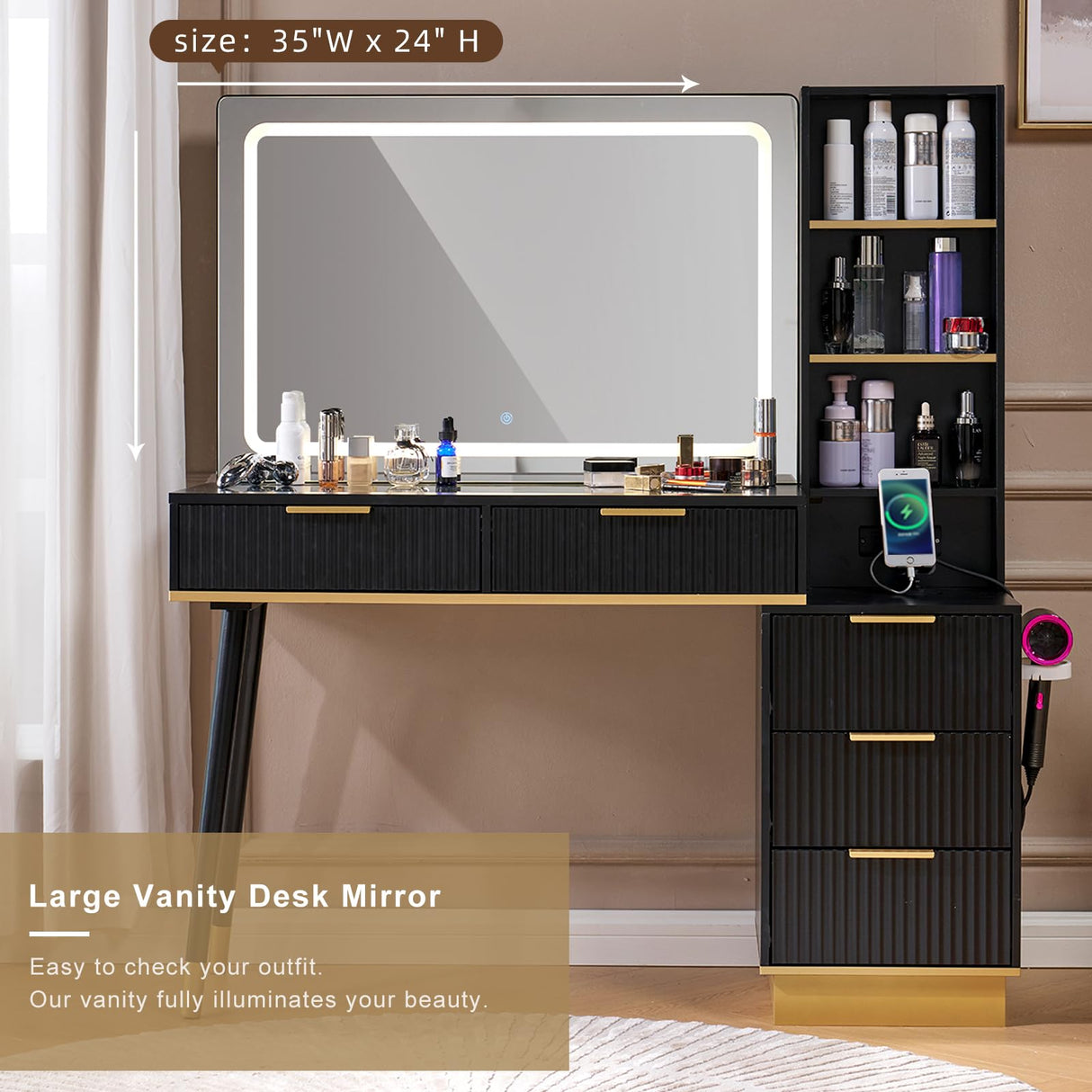LUXOAK 54" Tall Vanity Desk with 35" W x 24" H Large Mirror and Lights, Large Makeup Vanity Table with 5 Drawers, 3 Shelves and Charging Station, Glass Top Desk for Bedroom, Dressing Room, Black LUXOAK