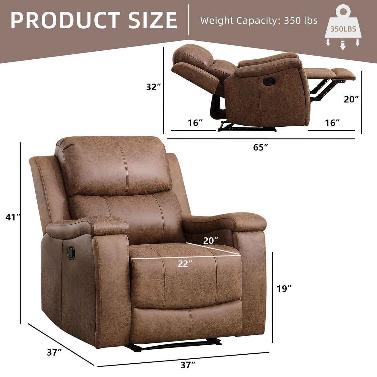 IOMOR Leather Recliner Chair, Manual Recliner Chair for Adults with Overstuffed Arms and Back, Single Sofa Recliner with Cup Holders for Living Room (1, Nut Brown) IOMOR