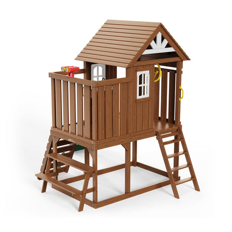 VEVOR Outdoor Wooden Playhouse, Modern Cedar Playhouse for Age 3-10 Years Kids, Garden Games Cottage, Country Style Cedar with Slide, Ladder, Climbing Wall, Windows, Picnic Table and Bench VEVOR