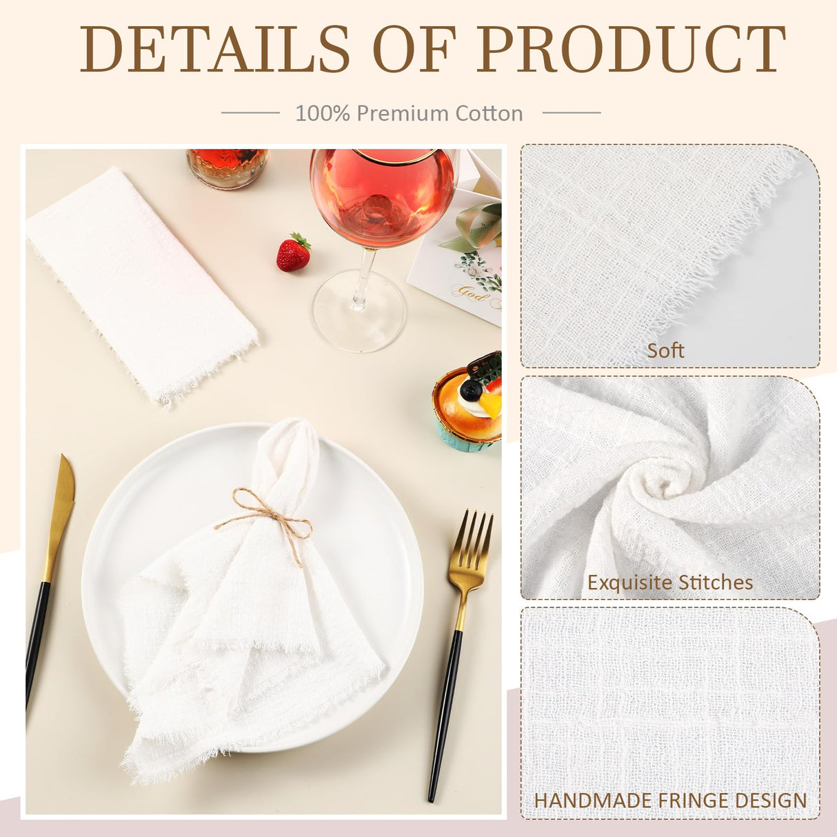 24 Pcs Fringe Napkins Bulk Cloth Cotton Soft Handmade 17 x 17 Inch Rustic Reusable Washable Festive Square Table Napkins with Fringe for Parties Wedding Restaurant Rustic Table Accessory (White) Preboun