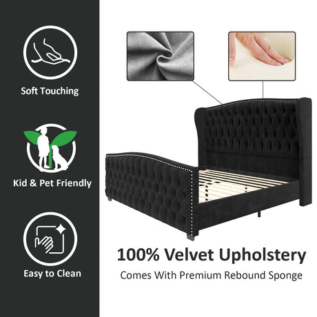 AMERLIFE King Size Platform Bed Frame, Velvet Upholstered Bed with Deep Button Tufted & Nailhead Trim Wingback Headboard/No Box Spring Needed/Black AMERLIFE