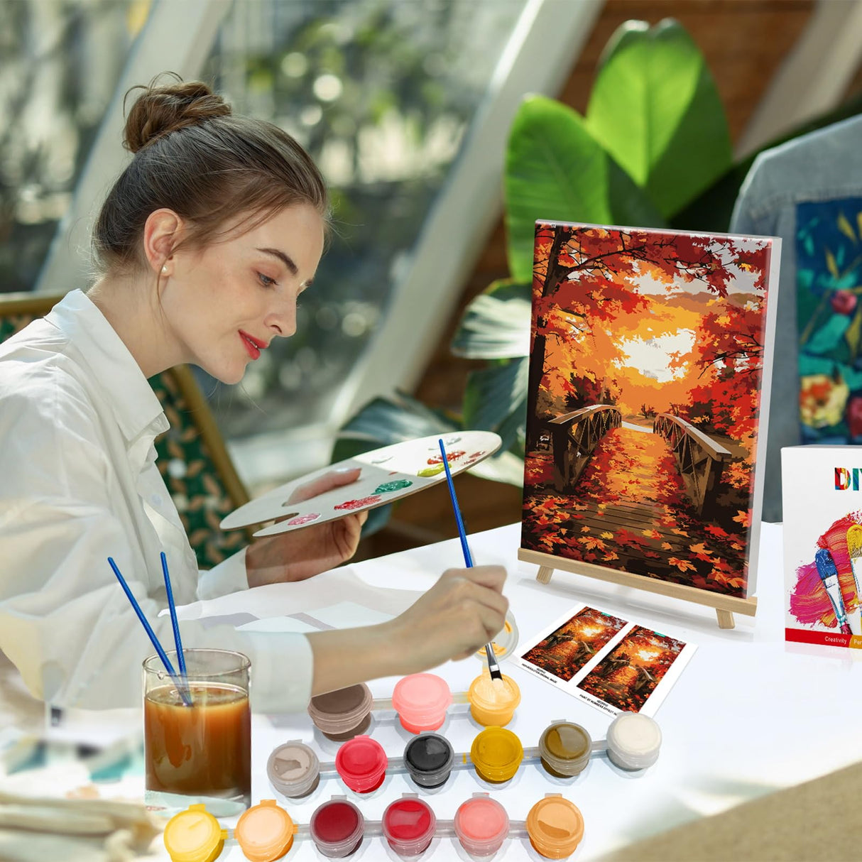 HeeBenor Framed Paint by Numbers Kit for Adults, Autumn Leaves Paint by Numbers Kit for Adults with Easel, DIY Landscape Paint by Number with Frame, Adult Paint by Number Kits Framed Canvas 8x12 Inch HeeBenor