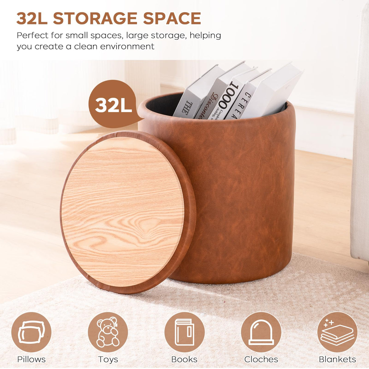 Round Ottoman with Storage Set of 2, Faux Leather Button Tufted Storage Ottoman, 14.76"L x 14.76"W x 17.32"H, Boucle Vanity Stool Footrest Coffee Table for Living Room, Bedroom, Support 300 lbs, Brown oakvivo