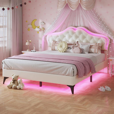 BTHFST Beige Princess Upholstered Bed Frame with LED Lights and Adjustable Headboard