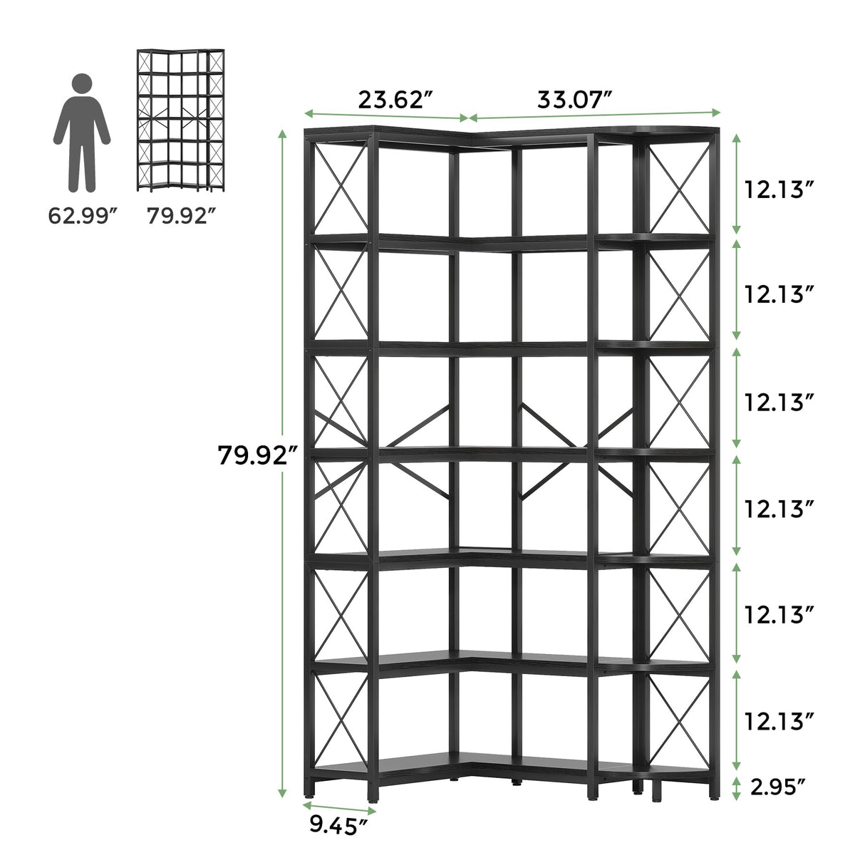 Condemo 7-Shelf Reversible Corner Bookshelf, Modern Industrial Tall Bookcase, 7-Tier Large L-Shaped Storage Shelf Display Rack with Metal Frame for Living Room, Home Office, Bedroom, Black Condemo