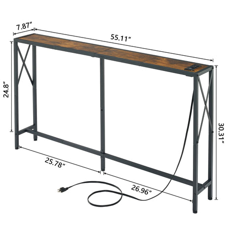 Gewudraw Console Table with 2 AC Oulets & 2 USB Ports, 55.1" Narrow Sofa Table, Entryway Table, Industrial Sofa Table for Hallway, Living Room, Bedroom, Long Console Table, 6.5 Feet Power Cord Gewudraw