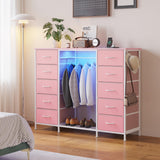 LUMTOK 2-in-1 Dresser with Hanging Rack, 10 Drawers Dresser for Bedroom,Dressers with Fabric Drawers,LED Lights, Charging Station and Hanging Racks for Bedroom (Pink) LUMTOK