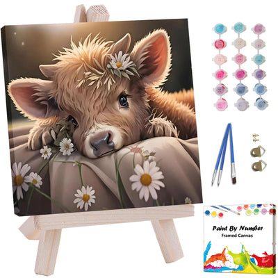 Artunion Framed Paint by Numbers Kit for Adults Beginners & Kids Ages 8-12,Highland Cow Paint by Number with Frame,Funny Animals Paint by Numbers Kit on Canvas 10 * 10 Inch Without Easel