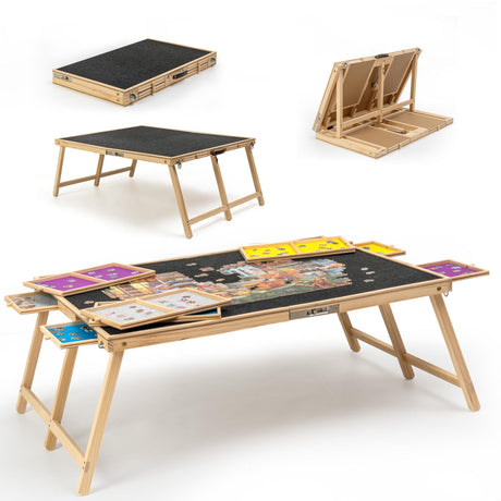 Tektalk 2000 Piece Foldable Puzzle Board with Cover, Wooden Jigsaw Puzzle Table with 8 Drawers, Portable Puzzle Easel with Folding Legs, Portable Puzzle Tables for Adults and Teens - Black Tektalk