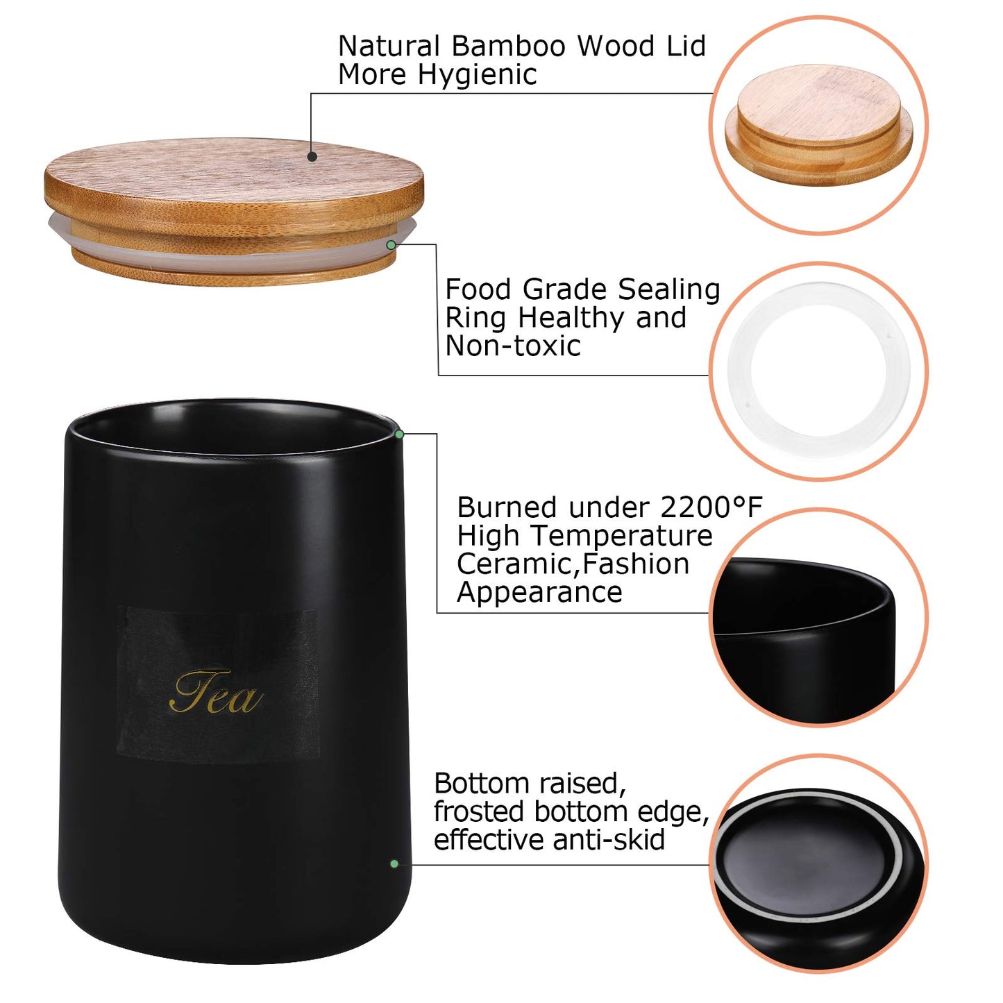 Yangbaga Black Canisters Sets for Kitchen-Set of 3 Coffee Canisters for Countertop with Airtight Wood Lids/Spoons/Stickers, Ceramic Food Storage Containers for Large Suger,Coffee,Tea (42/30/9OZ)