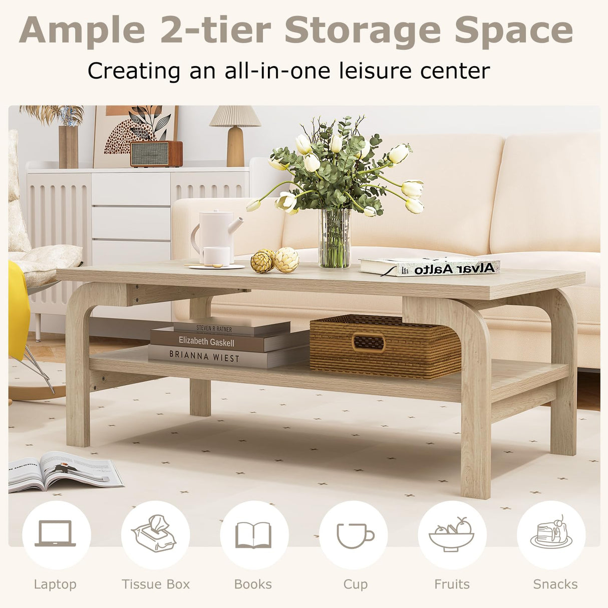 Giantex 2-Tier Coffee Table with Storage, 47” Mid Century Rectangle Accent Table with Open Shelf, Large Tabletop & Curved Legs, Rustic Style Wood Cocktail Table, Center Table for Living Room, Natural Giantex