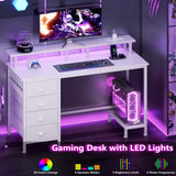 Furologee Computer Desk with 4 Fabric Drawers, 47in Gaming Desk with Power Outlets and LED Lights, Home Office Desk with Full Monitor Stand and Shelf, Study Writing Desk for Bedroom, White Furologee
