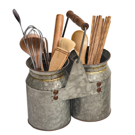 UPPER DECOR Set of 2 Rustic Galvanized Metal Utensil Holders with Handles, Farmhouse Kitchen Crocks for Spoons, Forks, and Knives, Countertop Organizer Buckets for Rustic Kitchen Décor, 8x4x6.75 Inch UPPER DECOR