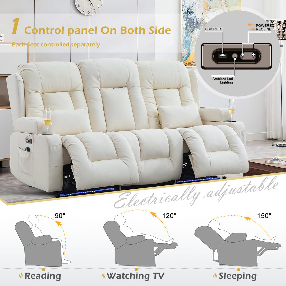 SENIFIS Loveseat Recliner Sofa, Leather Sofa with Massage & Heating, Home Theater Seating Power Reclining Loveseat with Outlet/LED Light/Cup Holders/Lumbar Pillows (Beige, 3 Seat) SENIFIS
